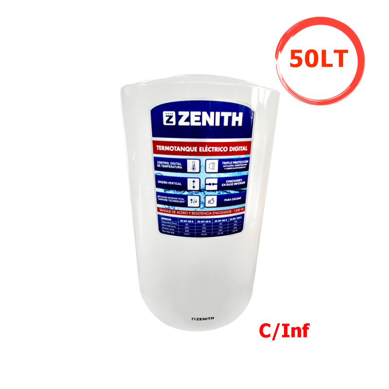 Termotanque Eléctrico 50Lts Zenith ZE-WT50B Colgar C/Inferior