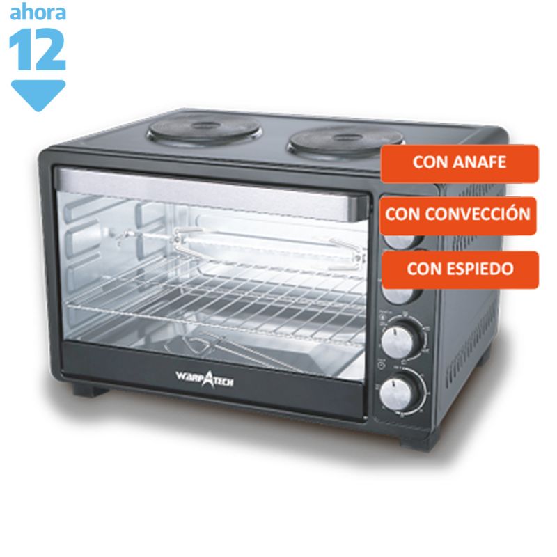 Warptech Horno Eléctrico WT55HE 55L 2200W C/Convección, Spiedo y Anafe