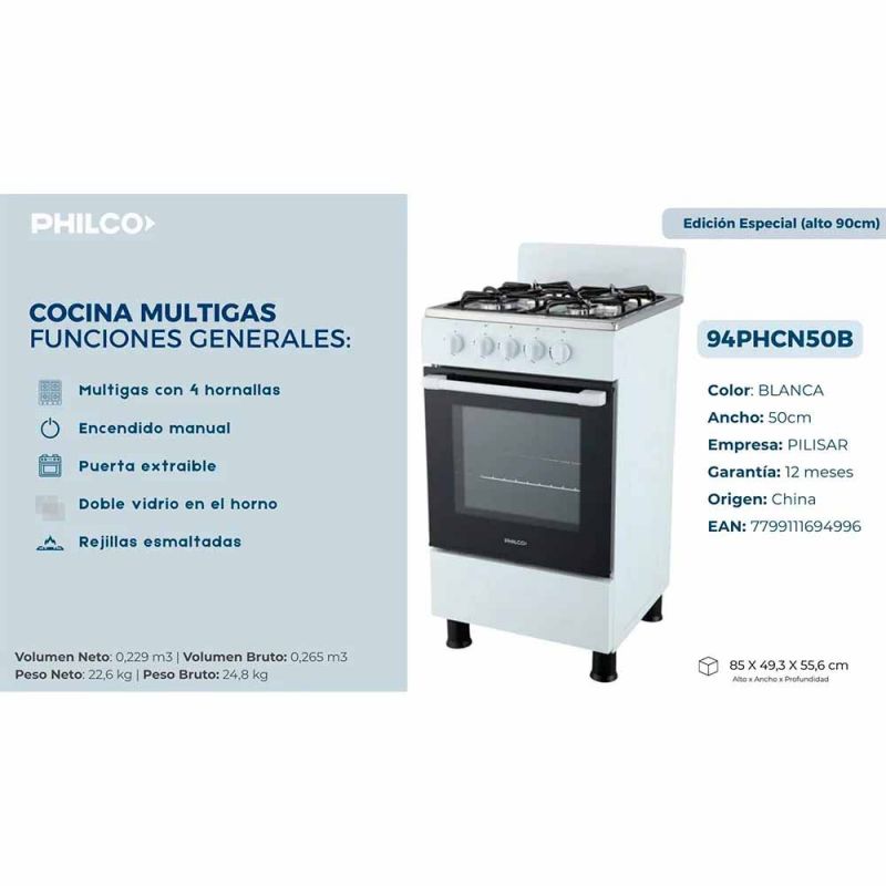 Cocina Multigas 50CM 4H Philco PHCN50B Blanca