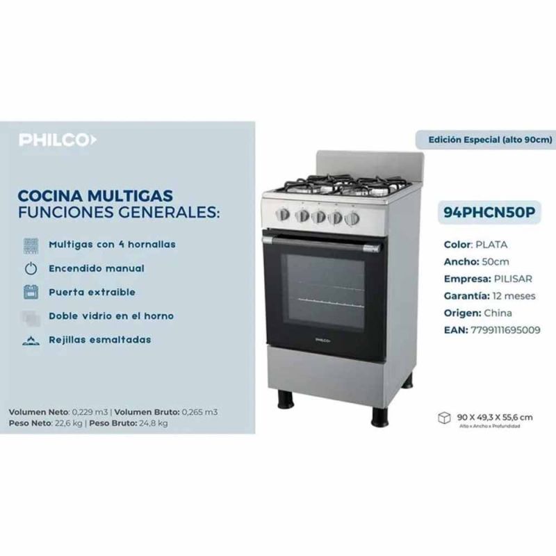 Cocina Multigas 50CM 4H Philco PHCN50P Plata