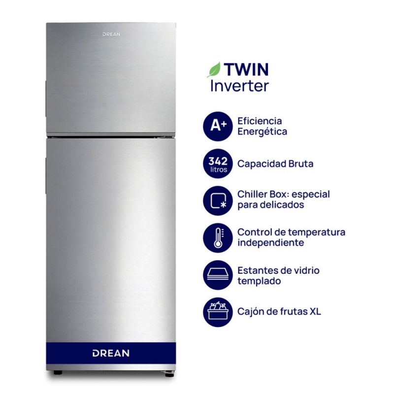 Heladera C/Freezer 317Lts Drean RZN320PCARX0 No Frost Twin Inverter Inox