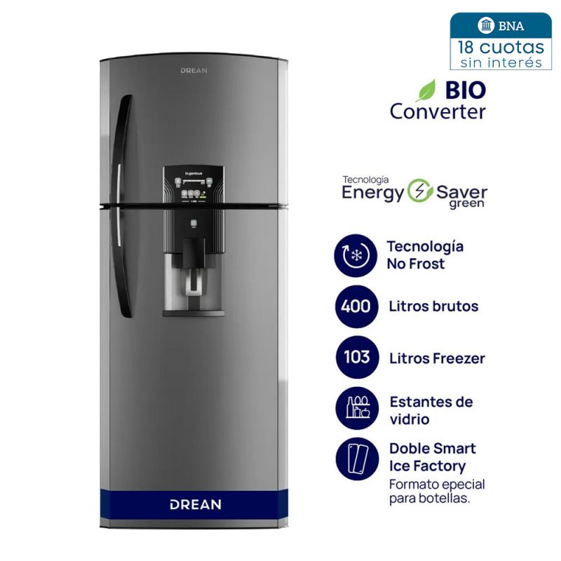 Heladera C/Freezer 390Lts Drean RDP400FZRT C/Dispenser No Frost Steel
