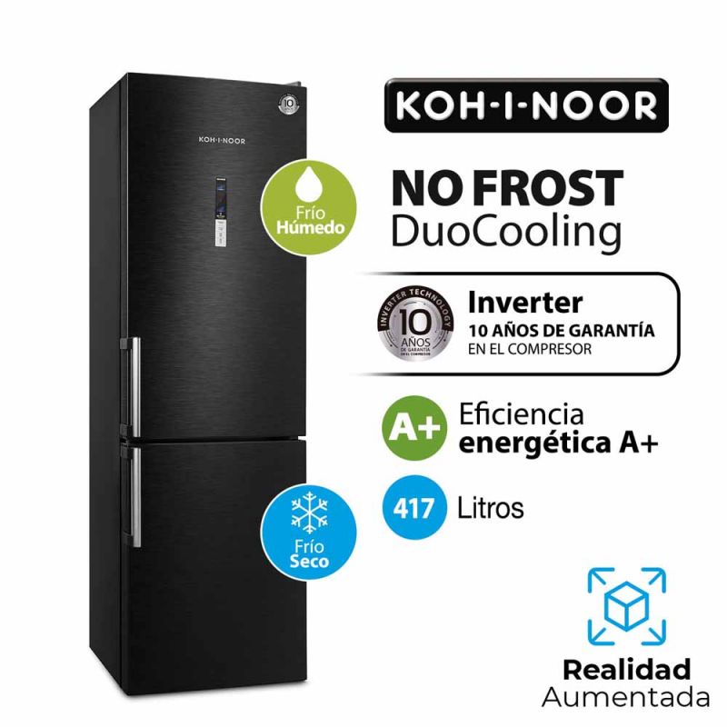 Heladera Combi C/Freezer 397Lts KOH-I-NOOR KHGF41DI/10 DuoCooling Inverter Black Steel