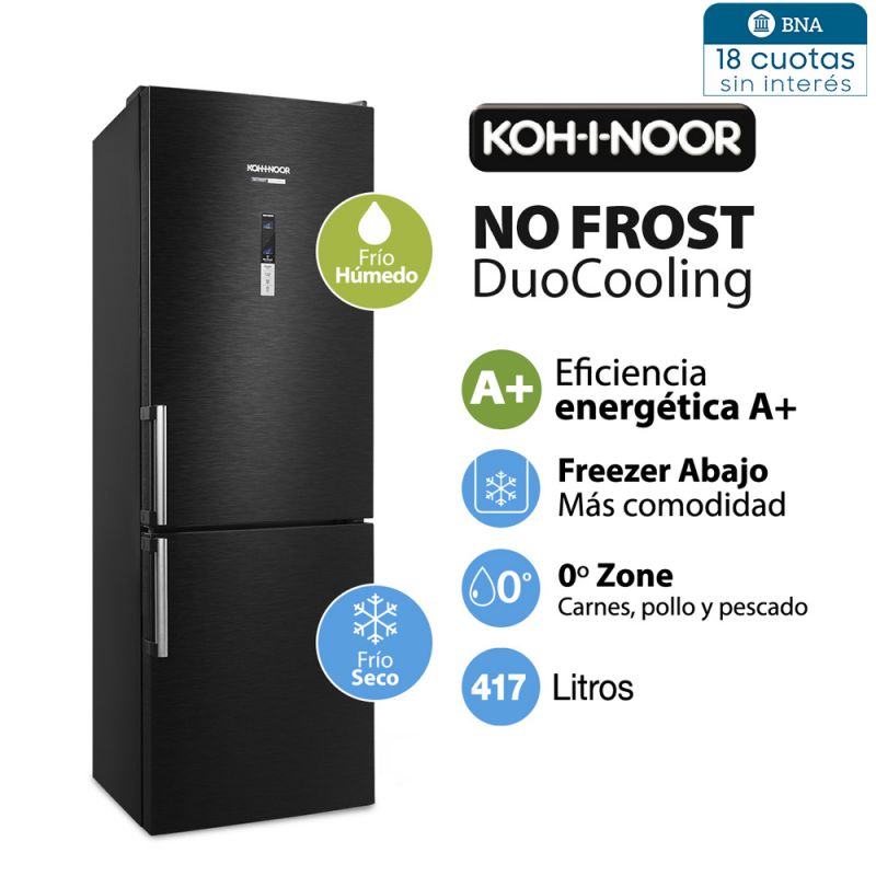 Heladera Combi C/Freezer 397Lts KOH-I-NOOR KHGF41D/8 NO FROST DuoCooling Black Steel