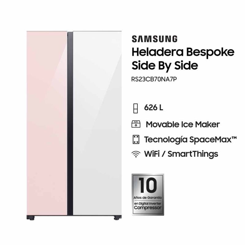 Heladera Side By Side 626Lts Samsung Bespoke RS23CB70NA7P Inverter No Frost White Pink