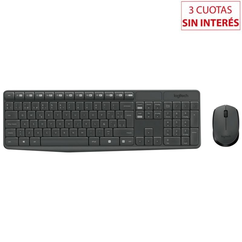Teclado Inalámbrico + Mouse Óptico Logitech MK235 Gris con Negro