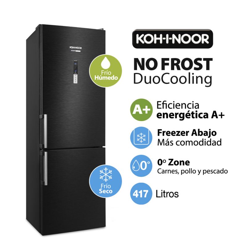 Heladera Combi C/Freezer 397Lts KOH-I-NOOR KHGF41D/8 NO FROST DuoCooling Black Steel