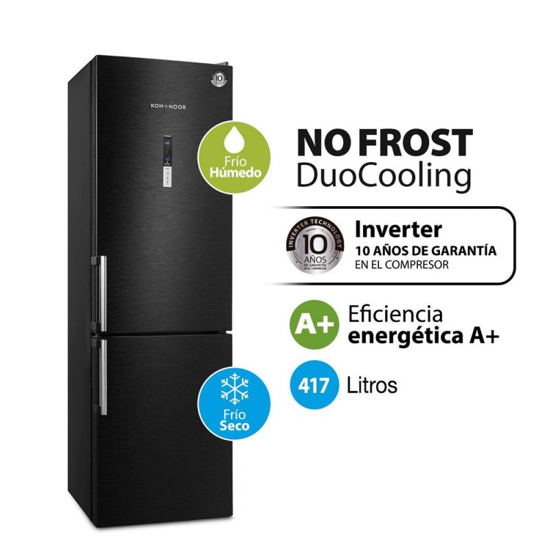 Heladera Combi C/Freezer 397Lts KOH-I-NOOR KHGF41DI/10 DuoCooling Inverter Black Steel