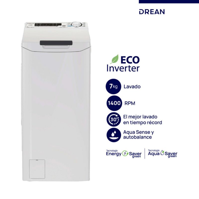 Lavarropas Automático C/Superior Drean LTDRI0714PB0 7Kg 1400RPM Ecoinverter Blanco