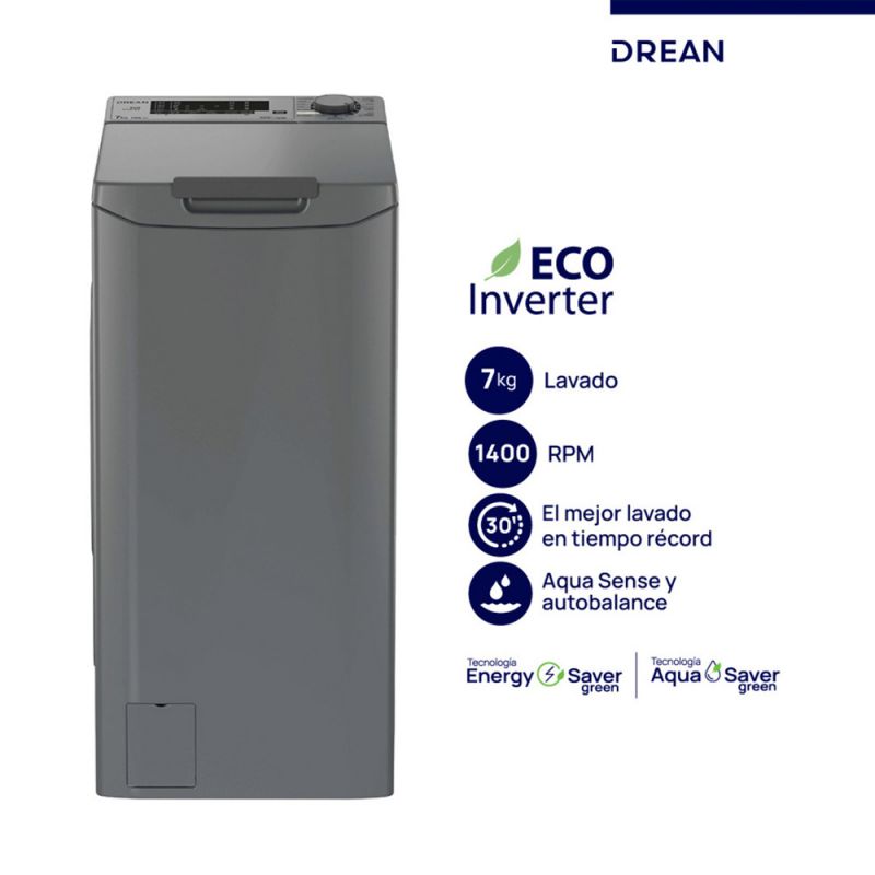 Lavarropas Automático C/Superior Drean LTDRI0714PG0 7Kg 1400RPM Ecoinverter Gris