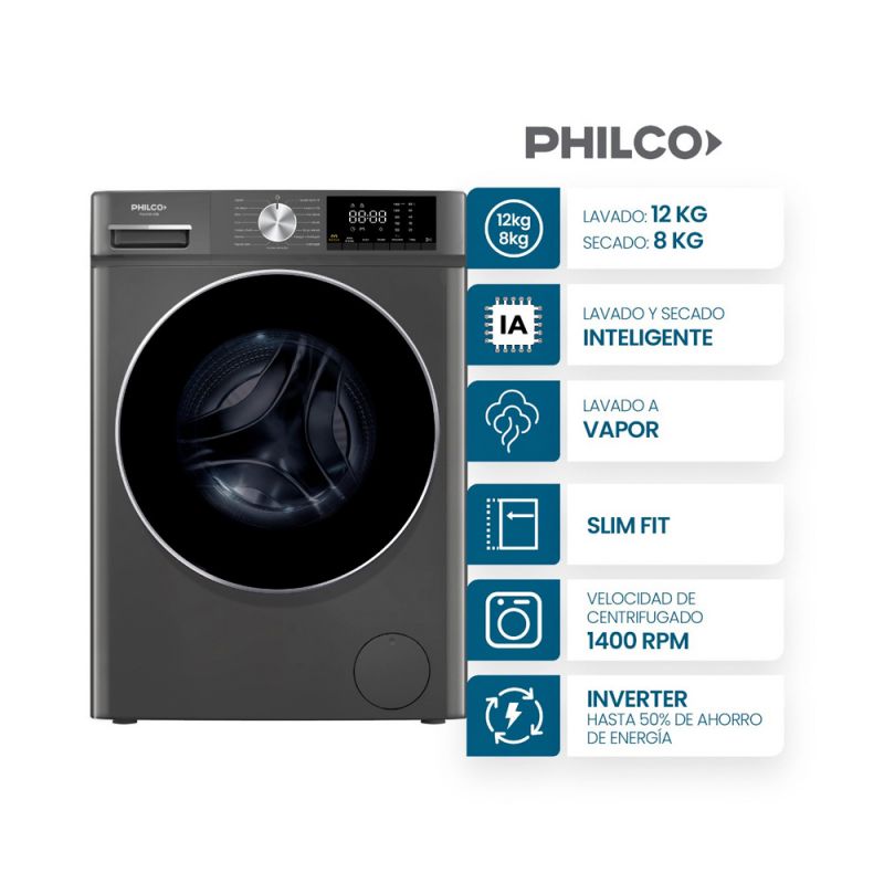 LavaSecarropas Philco 94PHLS128-2TN 12L - 8S kg 1400Rpm Inverter Titanium