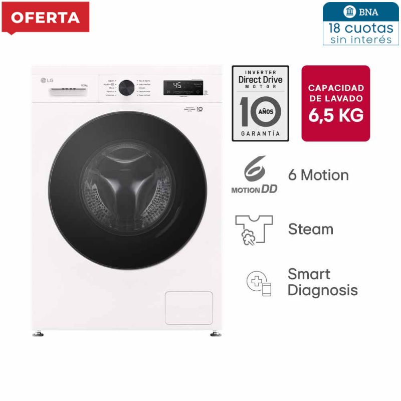 Lavarropas Automático LG WM65GWVFS6 6,5Kg 1200RPM Inverter Direct Drive Blanco