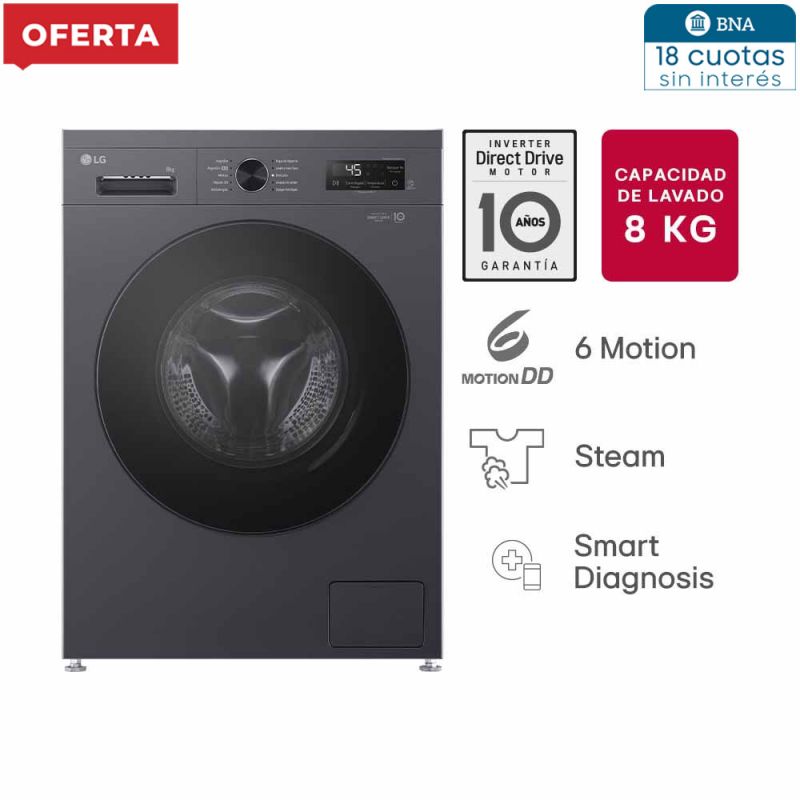 Lavarropas Automático LG WM80MVFS6  8Kg 1200RPM Inverter Direct Drive Negro