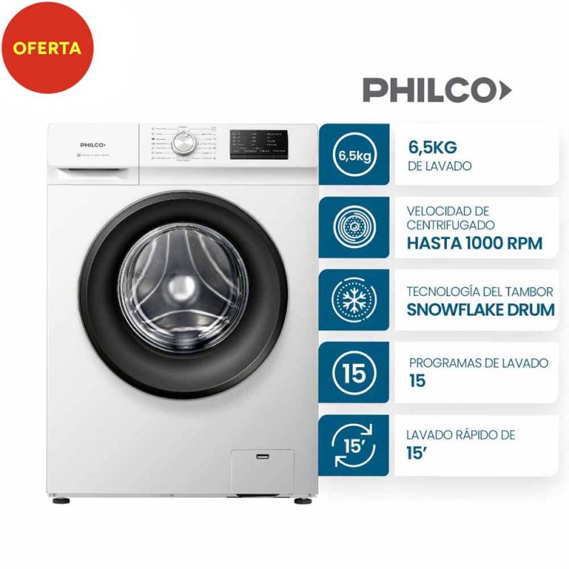Lavarropas Automático Philco PHLF6510B2 6.5Kg 1000rpm Blanco