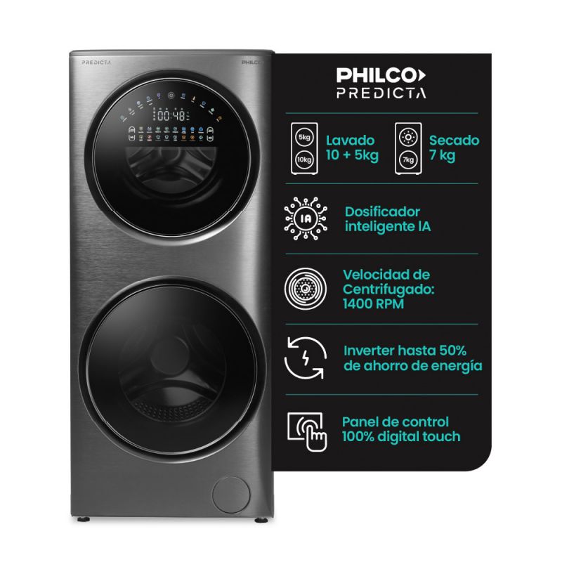 Torre LavaSecarropas Philco PHLFT157GT 15L - 7S kg 1400Rpm Inverter Dark Gray