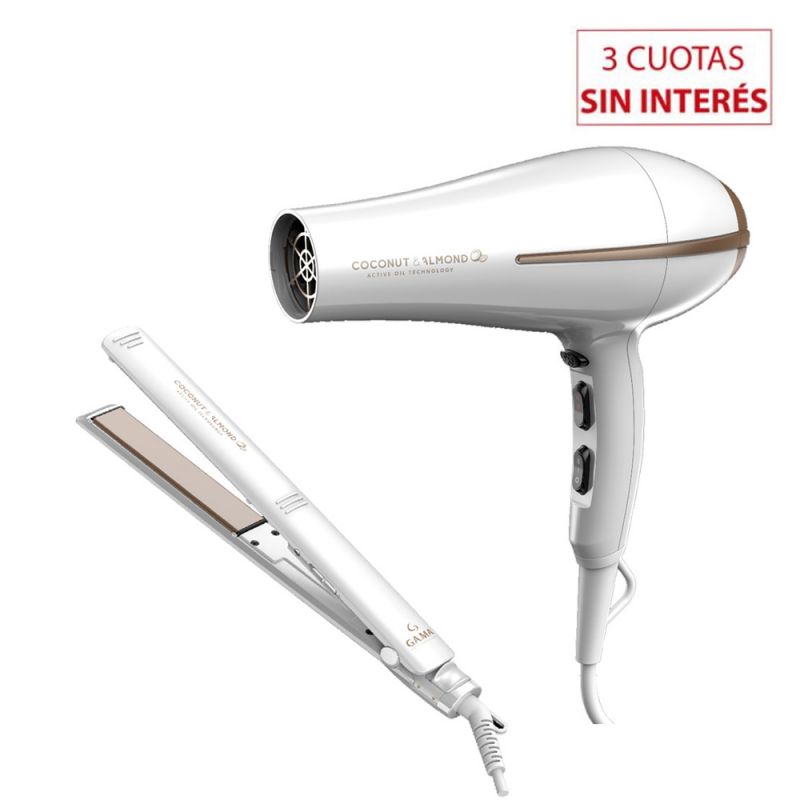 Plancha + Secador Gama Coco & Almond KIT 143432 Blanco