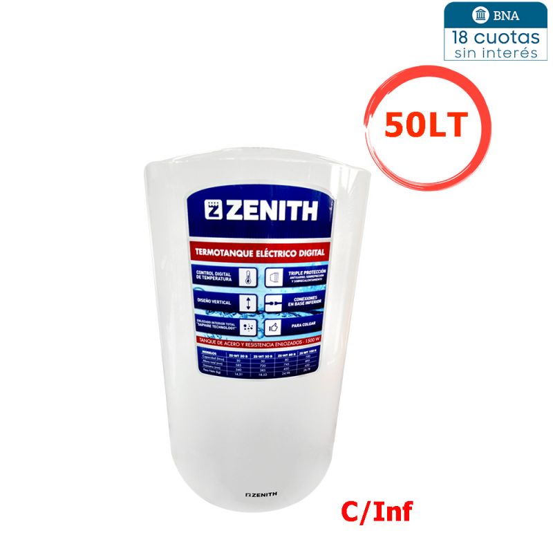 Termotanque Eléctrico 50Lts Zenith ZE-WT50B Colgar C/Inferior