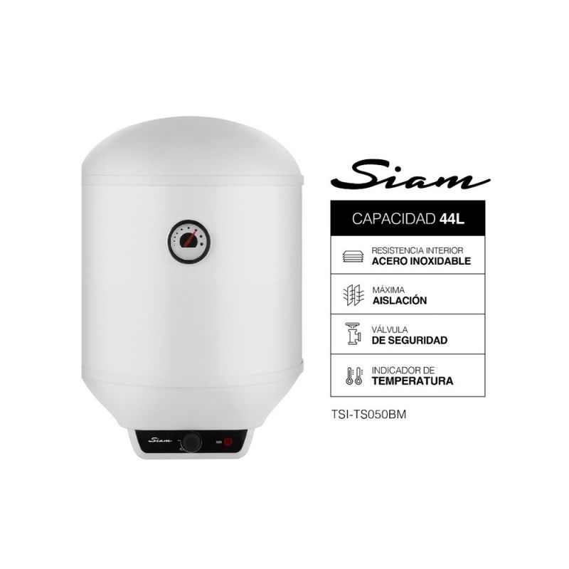 Termotanque Eléctrico 44Lts Siam TSI-TS050BM Colgar C/Inferior Blanco