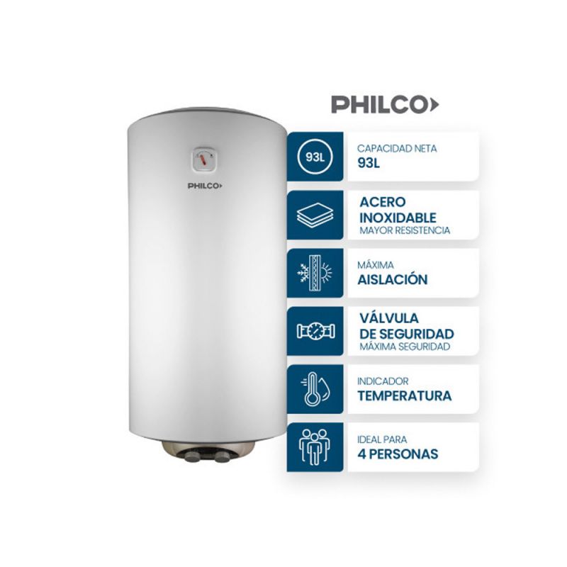 Termotanque Eléctrico 93Lts Philco PHTE100B2 Colgar C/Inferior Blanco