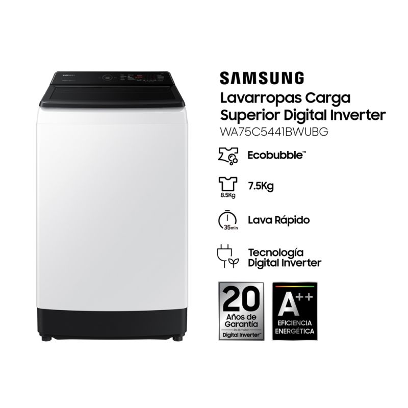 Lavarropas Automático Carga Superior Samsung WA75C5441BWUBG 7.5KG 700RPM Inverter Blanco