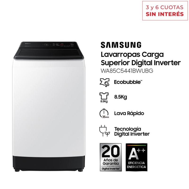 Lavarropas Automático Carga Superior Samsung WA85C5441BWUBG 8.5KG 700RPM Inverter Blanco